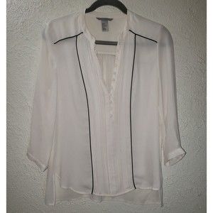 H&M White Button Up Blouse Sz 8 Chiffon Sheer 3/4 Sleeve Classic Style Top Shirt